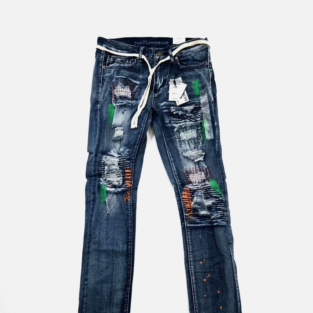 PRPS Distressed Skinny Jeans with Green and Orange Accents